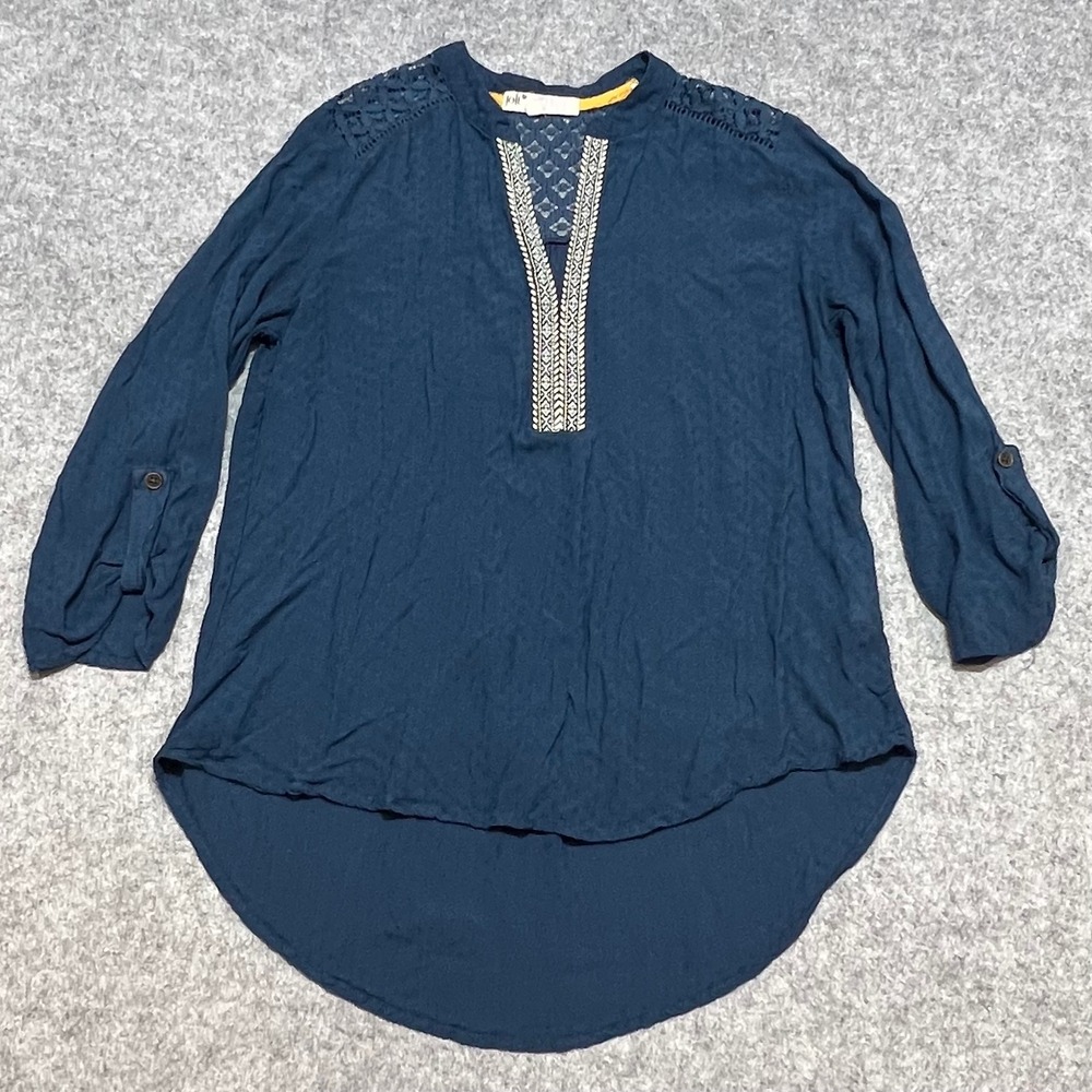 Jolt Womens Navy Blue‎ Boho Crochet Lace Roll Tab Sleeve Blouse Small